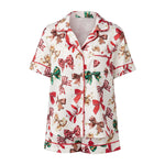 Women's Satin Christmas Pajama Set Short Sleeve Lapel Christmas Elements Print Shirt Shorts Two Pieces Sleepwear