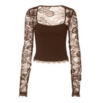 Women'S Sexy Lace Patchwork Square Collar Long Sleeve T-Shirt Elegant Sheer Mesh Slim Fit Cropped Top Spring/Fall 2026 Basic Top