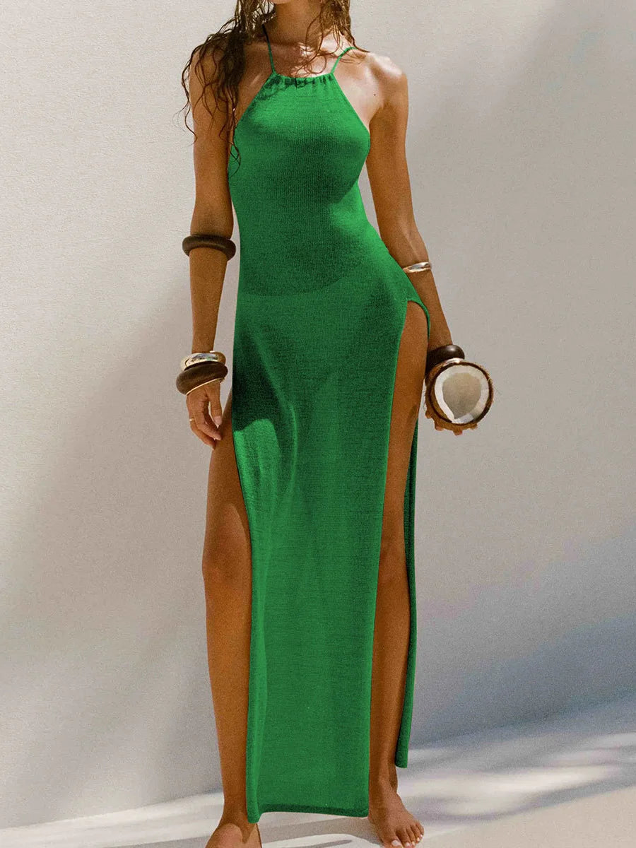 Sexy High Slit Crochet Knitted Tunic Beach Cover Up Long Dress Cover-ups Beach Dress Beach Wear Sarong Beachwear Female Women