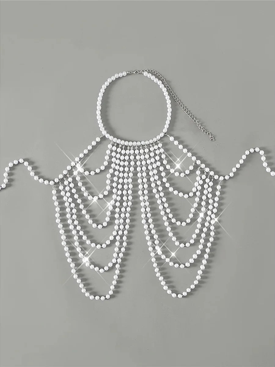 Luxury Pearls Chain Halter Hollow Out See Through Bikini Top Female Swimsuit Women Swimwear Bather Bathing Suit Swim Beach Top