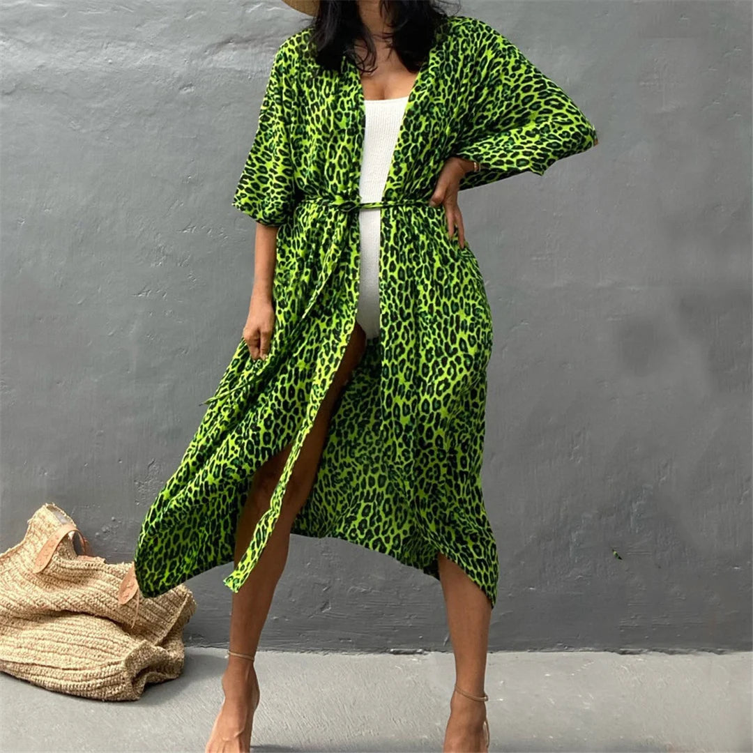 17 Colors Leopard Printed Colorful With Belt Tunic Cover-ups Beach Dress Beach Wear Beachwear Female Women Beach Cover Up V4510L