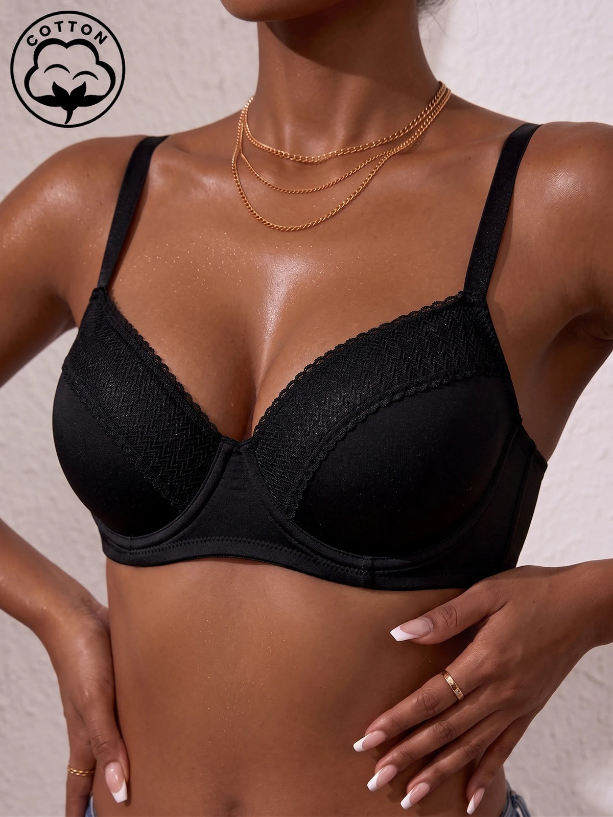 Women Solid Cotton Bra Lace Full Coverage Support Push Up Bra Skin-friendly Comfort Adjustable Lingerie