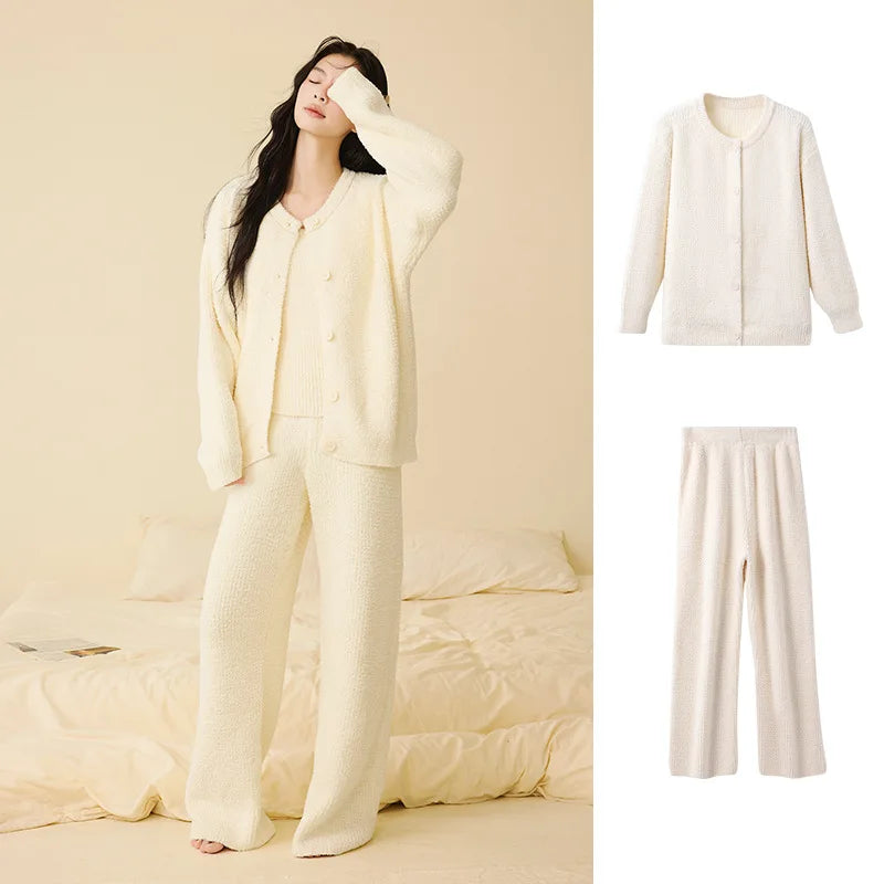 Women Autumn Winter Korean Style 3 Piece Camisole Pajama Set New Soft Half Velvet Elegant Wearable Outside Loungewear Sleepwear