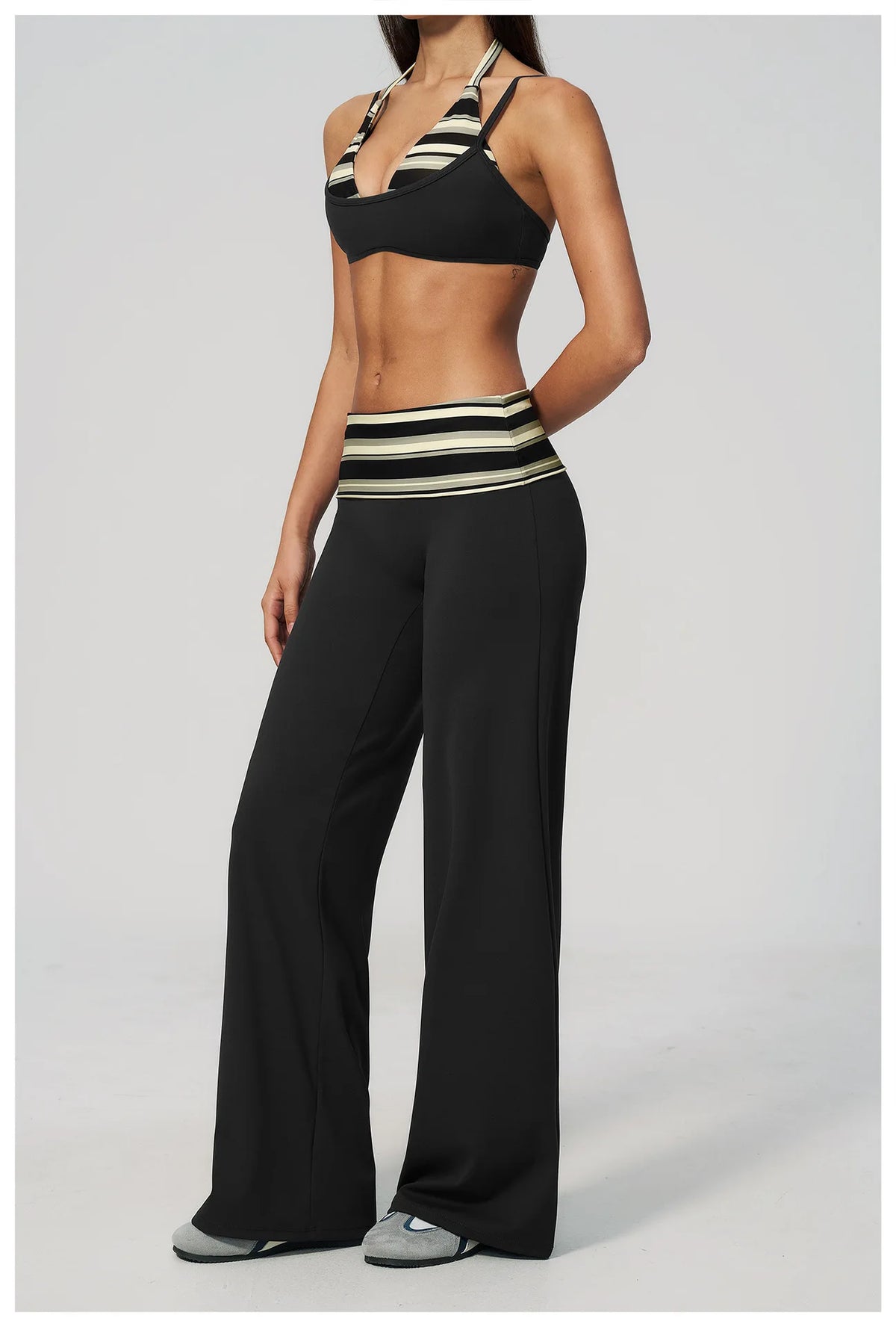 Fake Two-piece Sports Bra Yoga Sets Women Coffee Striped Patchwork Folding High Waist Wide Leg Pants Gym Running Fitness Suits