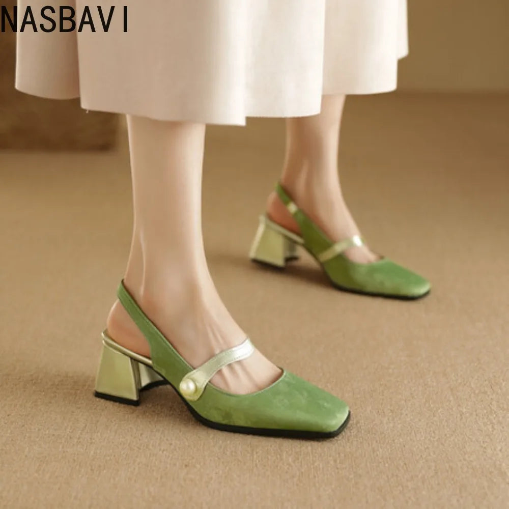 NASBAVI New Summer Leisure Green Women Sandals Comfortable Rubber Sole Fashionable Square Head Shape