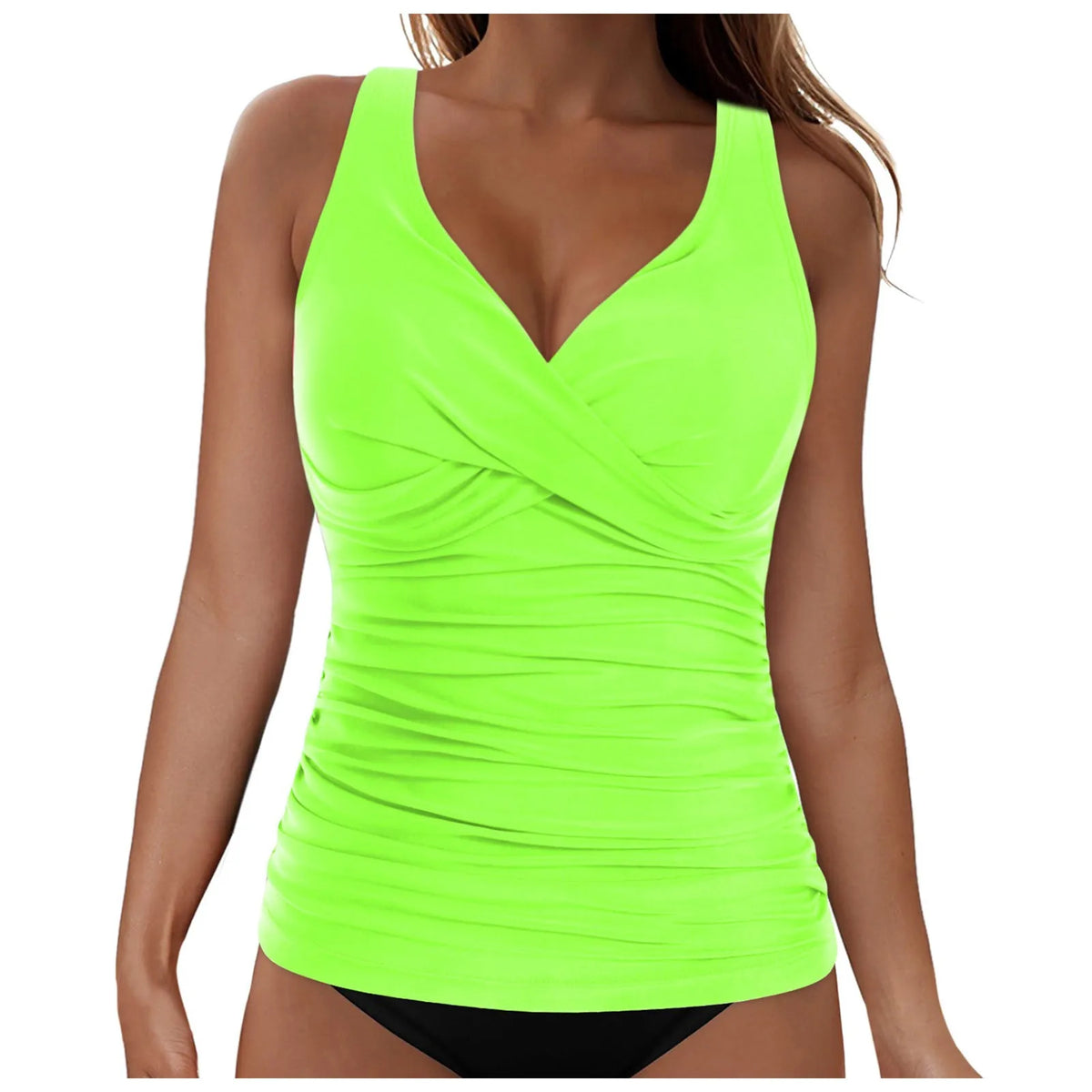 Women's Removable Padded Tankini Top V Neck Waist Defining Ruffled Separate Swimsuit Top Ruched Support Bathing Suit Swim Top