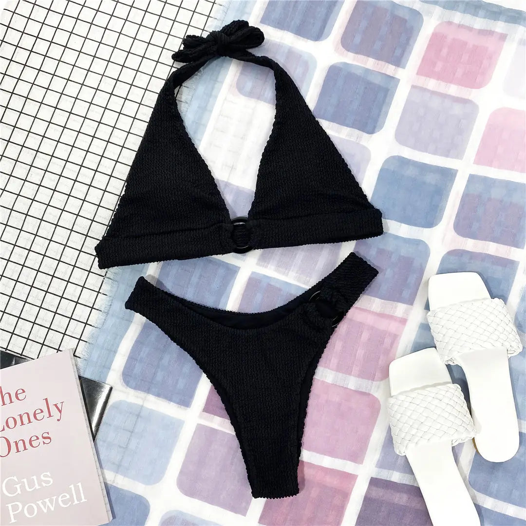 Halter Wrinkled Crinkled Bikini Women Swimwear Female Swimsuit Two-Pieces Bikini Set Brazilian Bather Bathing Suit Swim V2922