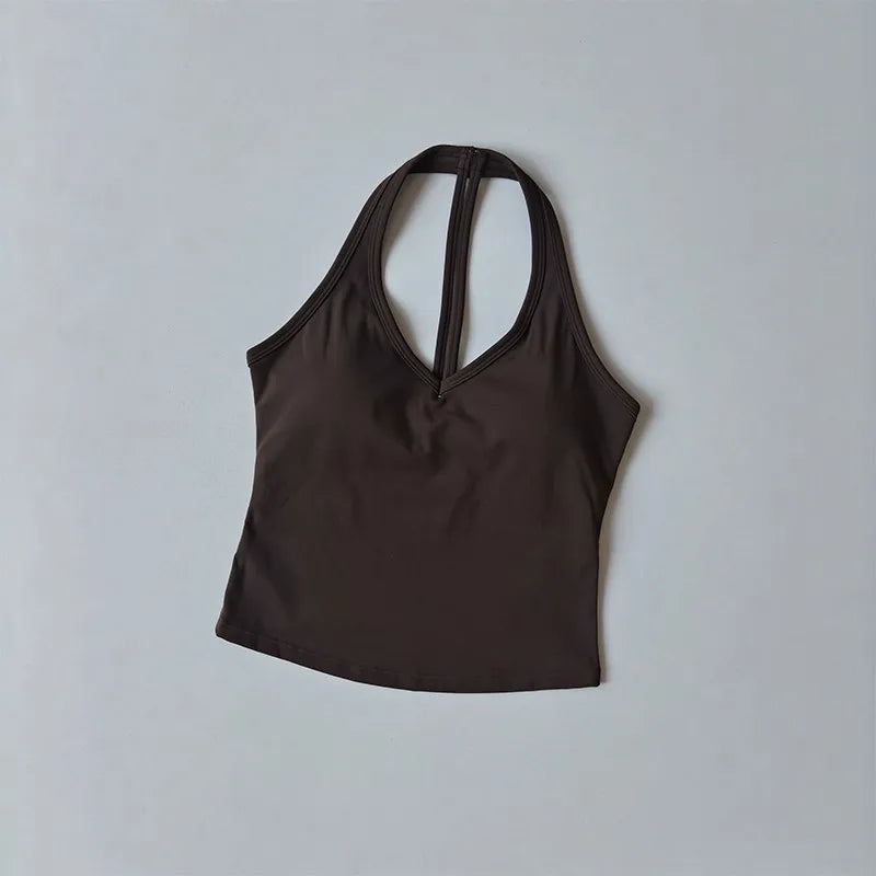 Women's Summer V-Neck Yoga Sports Vest Hanging Back Neck Design Outdoor Running Training Gathered Fit Active Wear Top