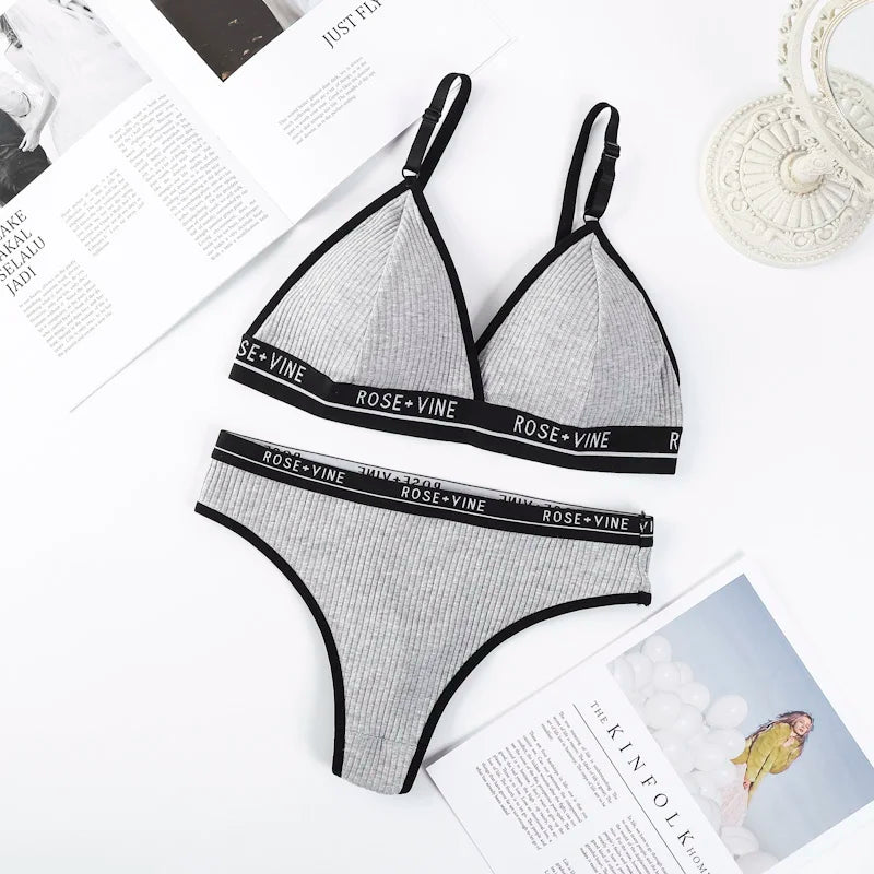 Women's Ribbed Wireless Triangle Bralette and Thong Set Low Rise Panties Daily Wear Comfort Underwear Ladies Sexy Lingerie Set