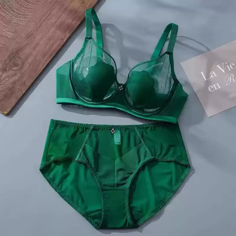 Parisian-Inspired Sheer Bralette Rabbit Cup Push-Up Bra Set Big Bust Support with Anti-Protrusion Padding Summer Thin Steel Ring
