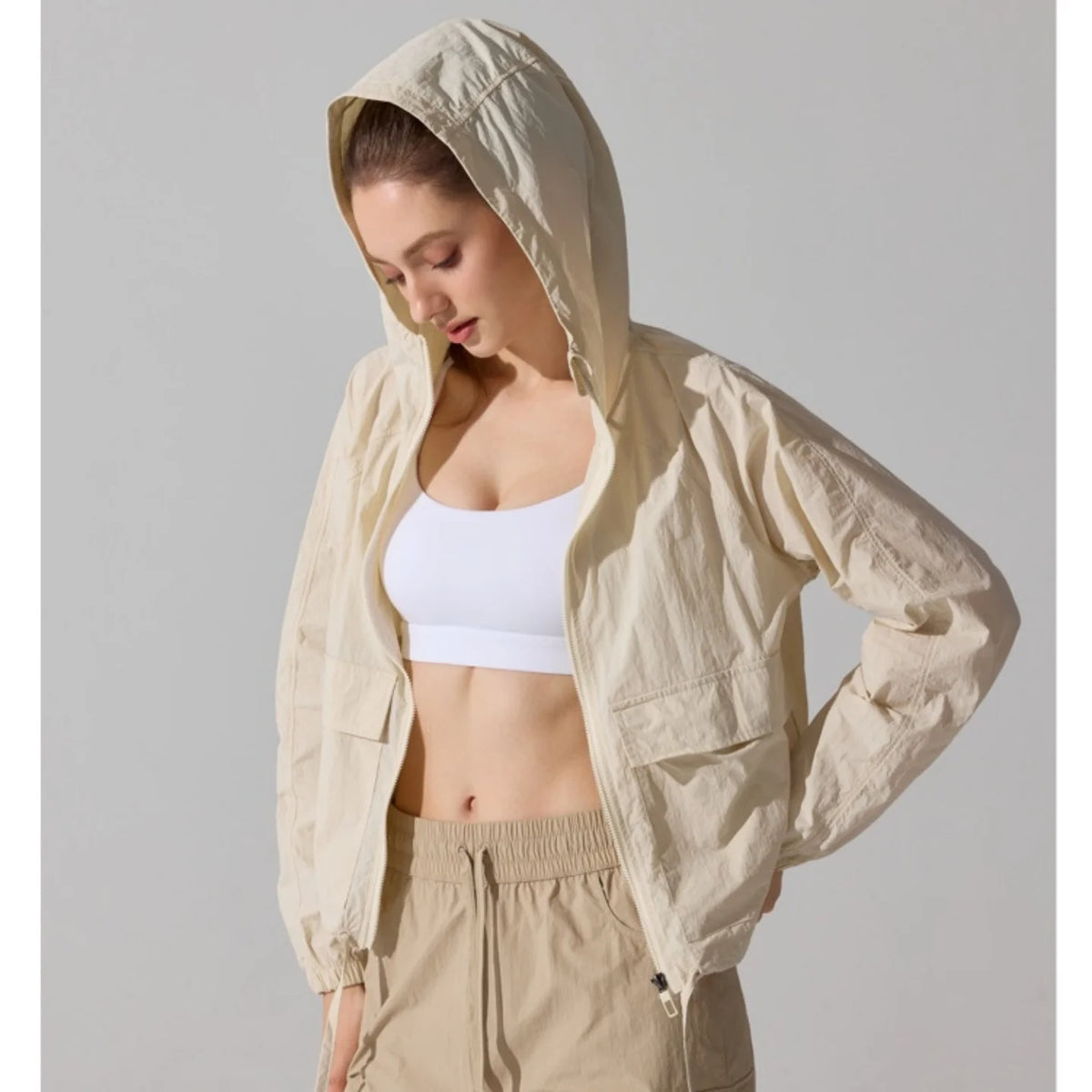 Outdoor Windproof Mountaineering Jacket Women Fashion Lightweight Sun Protection Sports Hooded Top Casual Loose Hiking Yoga Suit