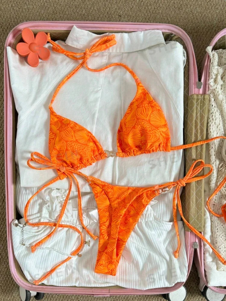 Sexy Orange Leaves Print Micro Bikini 2026 Women Summer Push Up Bra Tie Side Thong Swimsuit Summer Bathing Suit Holiday Swimwear