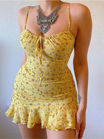 Floral Print Spaghetti Strap Dresses Women Sexy Low Cut Hollow Out Leace-up Package Hip Ruffles Mini Dress Female Vestidos 2024