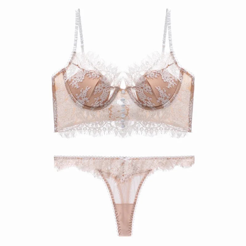 French Ultra Thin Lace Bra Set Sexy U Type Beautiful Back Underwear for Women Embroidery Flowers Bralette Romantic Bra Thong Set
