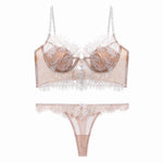 French Ultra Thin Lace Bra Set Sexy U Type Beautiful Back Underwear for Women Embroidery Flowers Bralette Romantic Bra Thong Set