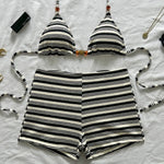 DEKA Summer Womens Striped Bikini Sexy Halter Bra Tops with Shorts 2 Pcs Set Beach High Waist Swimwear Female Bathing Suit