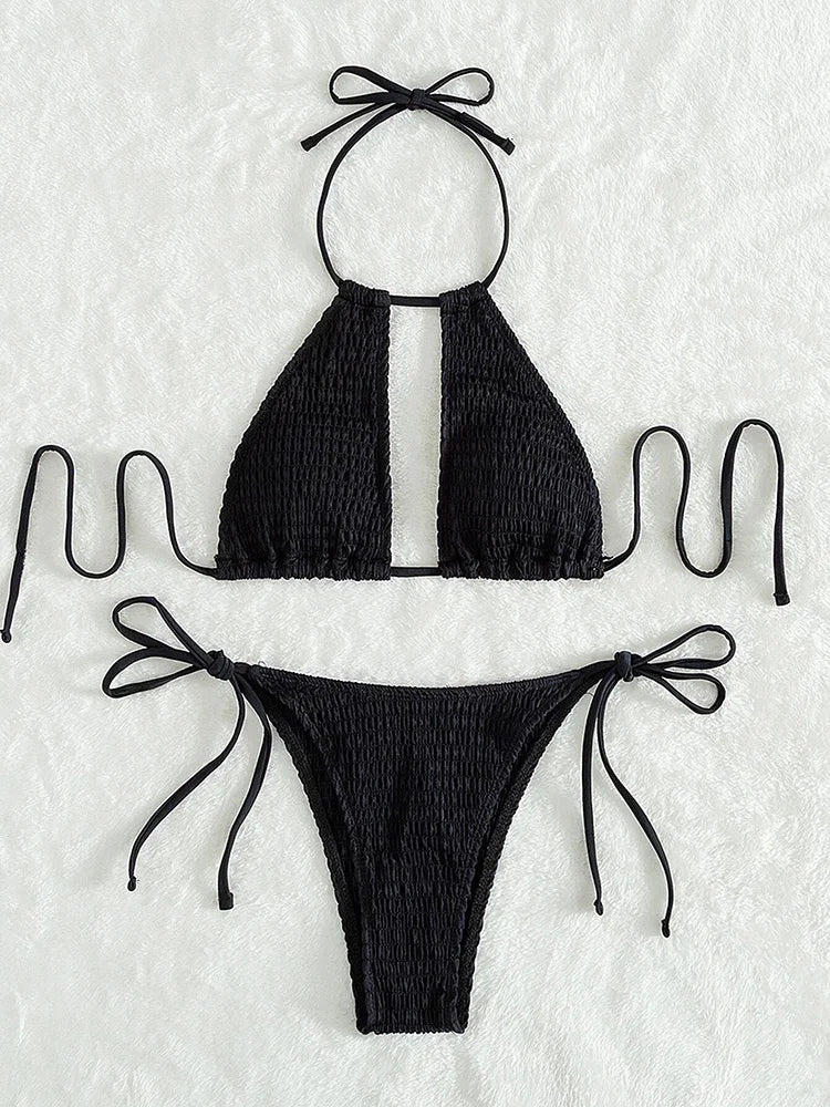 2025 Halter Tie Side Hollow Out Smocked Bikini Women Swimsuit Female Swimwear Two Pieces Bikini Set Swim Bathing Suit Beach Wear