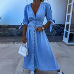 Women's Denim Long Dress Short Sleeve V-Neck Button Down Maxi Dress Casual Jean Dress for Spring Summer