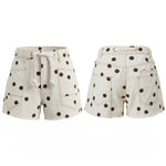 Women's Summer Denim Shorts with Pockets Casual Stylish Dot Print Mid Rise Tie-up Belted Wide Leg Jean Shorts