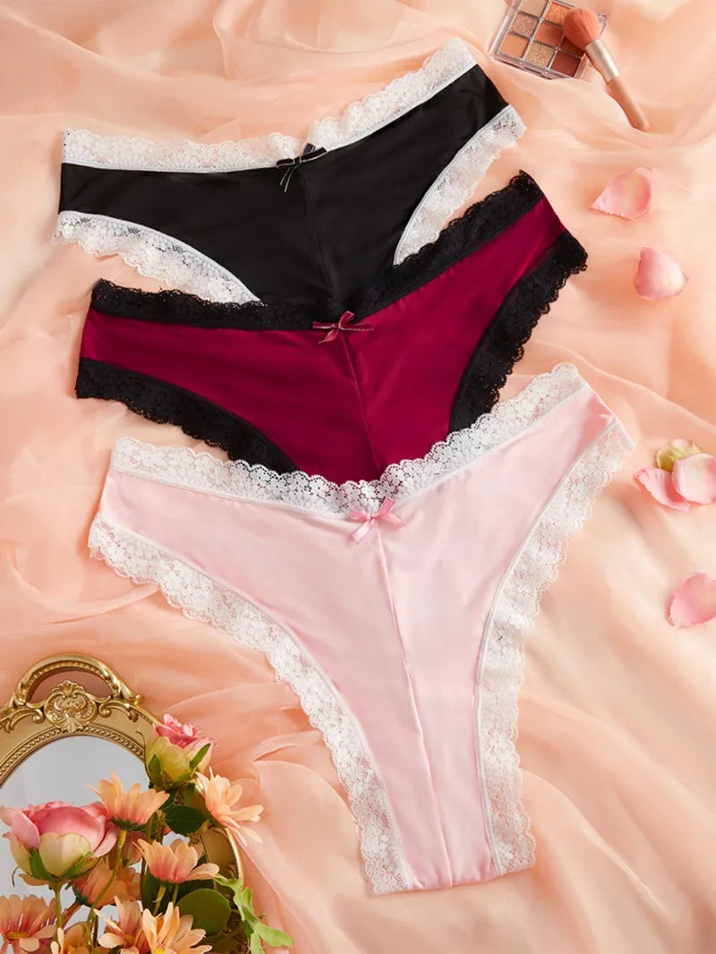 3pcs/Set Women's Low-Rise Triangle Panties French Lace Patchwork 2-Color Briefs Thin Gusset Chic Delicate Intimate Underwear