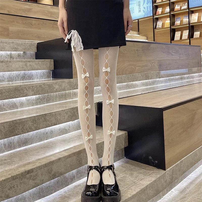 Women Girl Tights Bow-tie Hollow Out Fishnet Stockings Sexy Club Kawaii Gothic Lolita Summer Leggings Hosiery