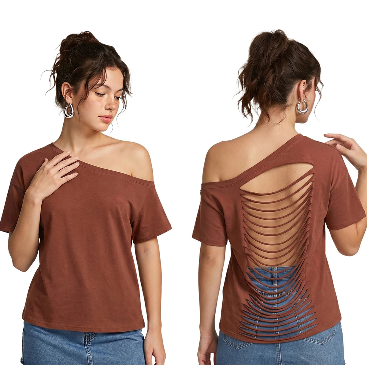 Women's Ripped Backless T-shirt Off Shoulder Short Sleeve Loose Fit Tee Tops Solid Color Shirts for Party Club Gothic Summer