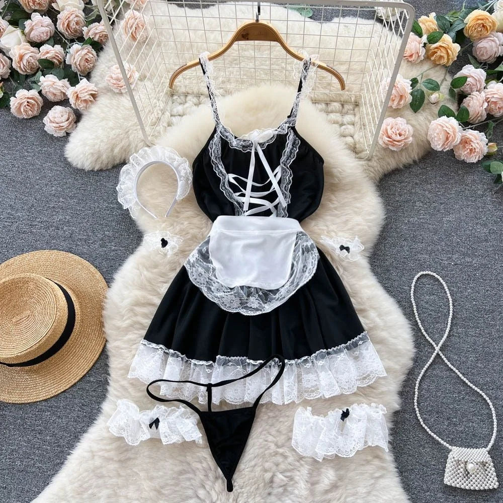 Cute LolitaMaid Bunny Costume Set With Apron Ruffle Cosplay VacationPerfect Halloween Outfit Halter Dress Set Outfit Style