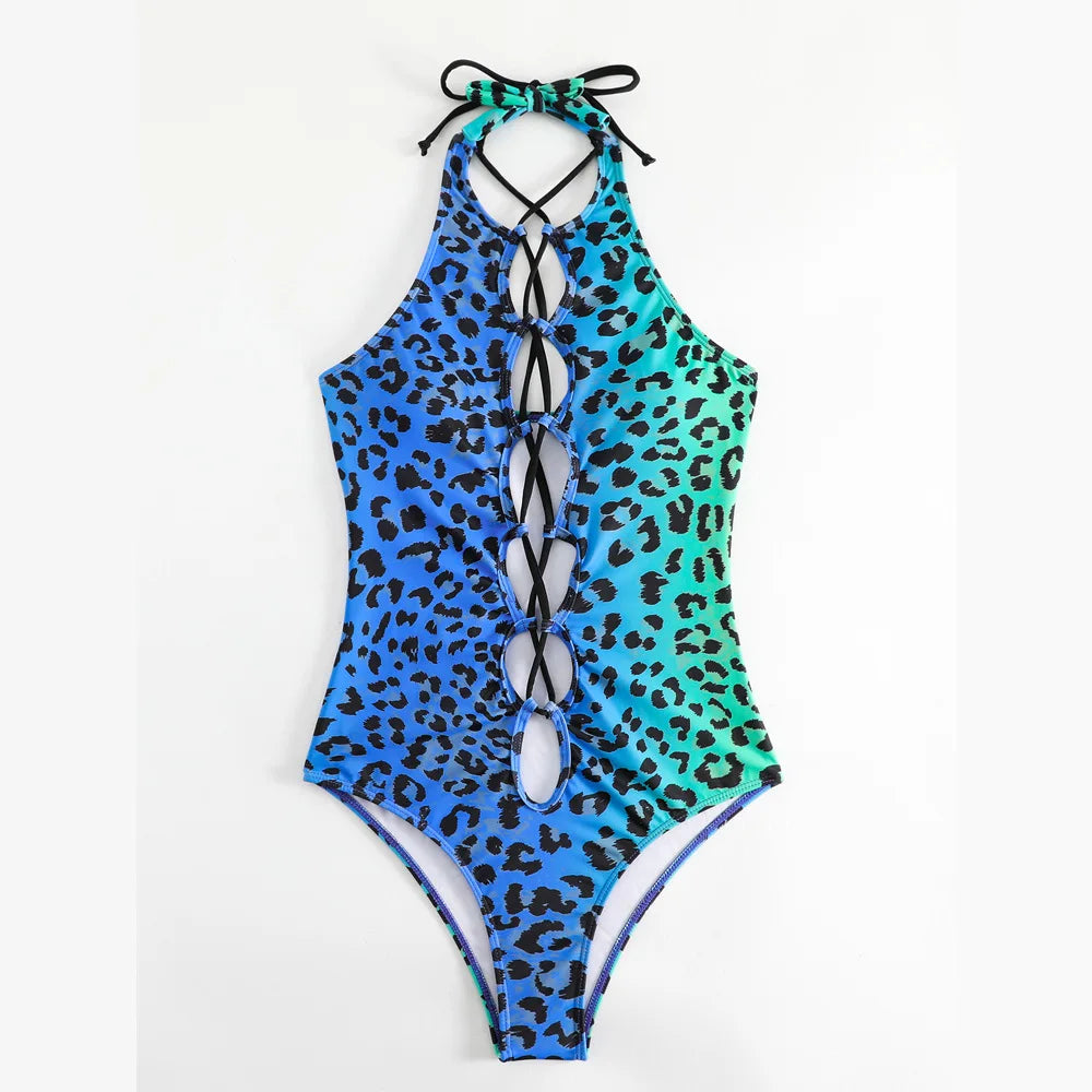Leopard Print One Piece Swimwear Women 2026 Blue Green Gradient Bikini Sexy Cross Bandage Hollow Out Monokini Backless Beachwear