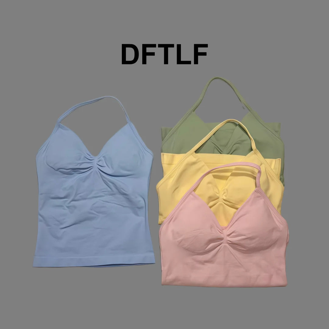DFTLFNew Women Seamless V-neck Sports Vest Breathable Sleeveless Yoga Top Detachable Padding Slim Fit Gym Running Workout Athlet