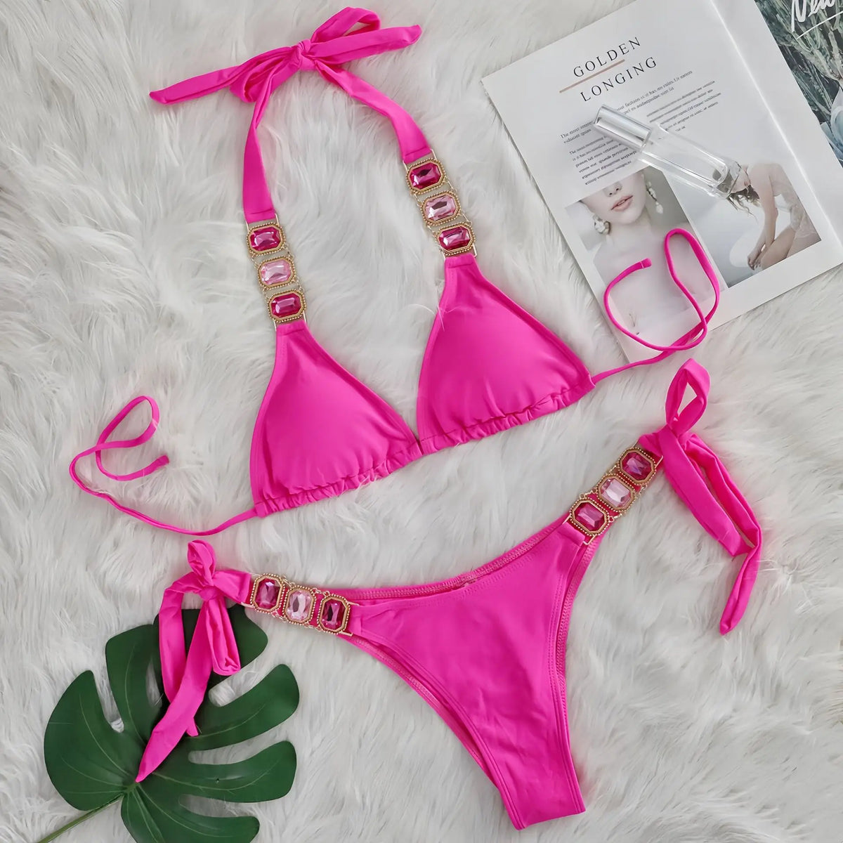 DEKA Women's Rhinestone String Green Bikini Set Sexy Female Beach Vacation 2 Piece Swimsuit