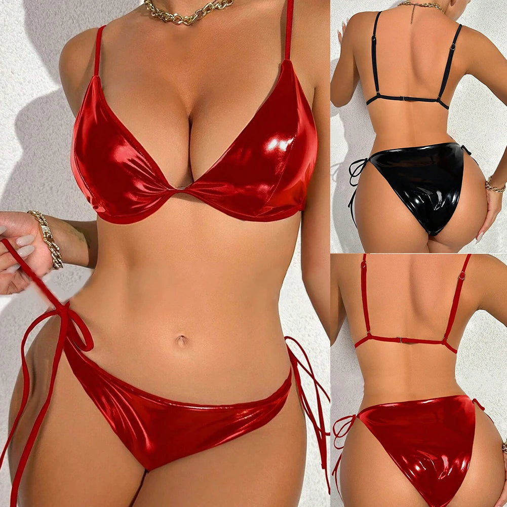 Sexy Halter Bikinis Lace Up PU Leather Wet Breathable Swimwear Woman 2025 Soft Bikini Women's Two-piece Swimsuit