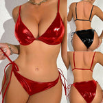 Sexy Halter Bikinis Lace Up PU Leather Wet Breathable Swimwear Woman 2025 Soft Bikini Women's Two-piece Swimsuit