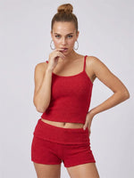 Women 2 Piece Outfits Sleeveless Low Cut Tank Tops Foldover Shorts Sets Summer Daily Casual Fitness Street Solid Color Knit