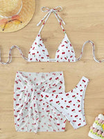 With Mesh Skirt Cherry Printed Bikini Female Swimsuit Women Swimwear Three Pieces Bikini Set Halter Bathing Suit Swim Beachwear