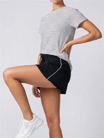 Women's Yoga Outfit Set Black Stripe Tennis Skirt Workout Clothes Short Sleeve O Neck Sports T Shirts Mini Skorts Fitness Sets
