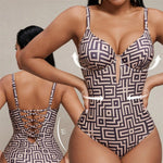 S - XL Printed Underwired V Neck Women Swimwear One Piece Swimsuit Female Lace Up High Leg Cut Bather Bathing Suit Swim V7552
