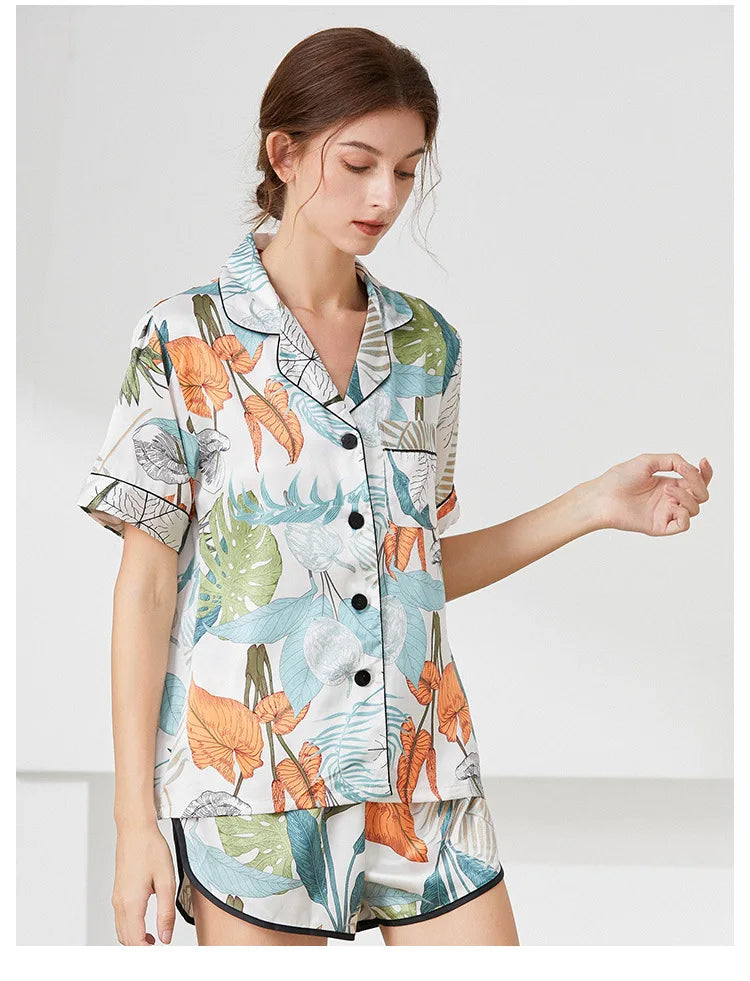 Leaf print summer short sleeved imitation silk sleepwear, lace up pants, cardigan, loose home clothes