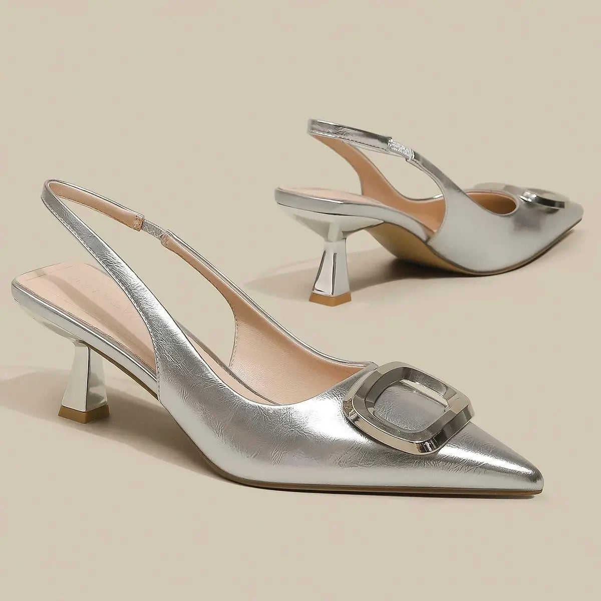 Brand Woman Slingback Shoes FashionSpring New Ladies High Heels Elegant Med Heel Pointed Toe Slip on Sandal Mules