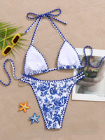 New Blue Floral Print Bikini Set Women Halter Push Up Bra Hollow Out Thong Swimsuit 2026 Summer Bathing Suit Holiday Swimwear