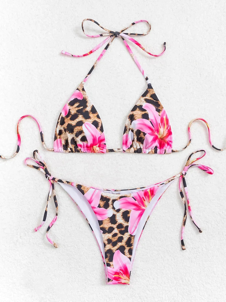 XS - L Floral Leopard Printed Halter Bikini Women Swimwear Female Swimsuit Two-pieces Bikini set Bather Bathing Suit Swim Lady