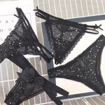Sexy Women's Thong Erotic Cross Hollow T Pants Starry Sky Shiny Sequins Black Mesh Transparent Bow Perspective Briefs Lingerie