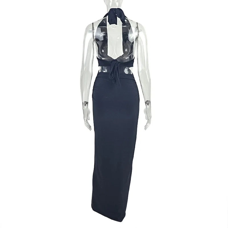 Streetwear Halter Neck Slim Long Dresses Women Sexy Hot Girls Deep V-neck Backless Leace-up Package Hip Bodycon Party Dress