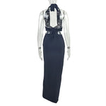 Streetwear Halter Neck Slim Long Dresses Women Sexy Hot Girls Deep V-neck Backless Leace-up Package Hip Bodycon Party Dress