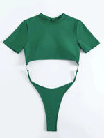 Bikini Women Swimsuit 2024 Blue Short Sleeve Hollow Out Thong Monokini Brazilian Beach Bathing Suit Push Up One Piece Swimwear