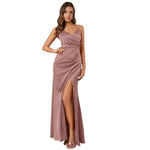 Women's Spaghetti Strap Satin Slit Dress Ruched V Neck Sleeveless Prom Dress Mermaid Bridesmaid Dress for Formal Evening Gown