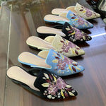 2026 Big Size 43 Summer Women's Blue Mules Slipper Sandals with Silk Flowers Embroidery Comfy Walking Slide Flat Satin Shoes