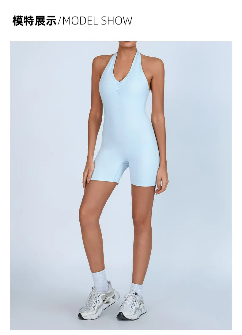 Summer Yoga Jumpsuit Back Hollow Out Bandage Pleate Pocket Shorts Sports One Piece Suits Butt Lifting Fitness Workout Bodysuit