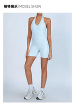 Summer Yoga Jumpsuit Back Hollow Out Bandage Pleate Pocket Shorts Sports One Piece Suits Butt Lifting Fitness Workout Bodysuit