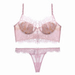French Ultra Thin Lace Bra Set Sexy U Type Beautiful Back Underwear for Women Embroidery Flowers Bralette Romantic Bra Thong Set