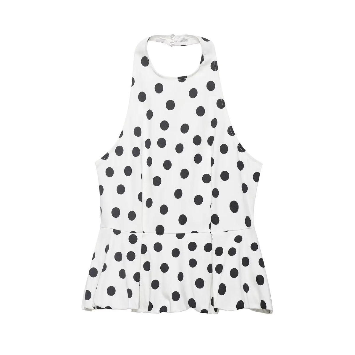 Women's Polka Dot Balloon Cut Halter Top Women Black White Polka Dot Halter Neck Ruffle Peplum Top Sleeveless Casual Blouse 5WUO